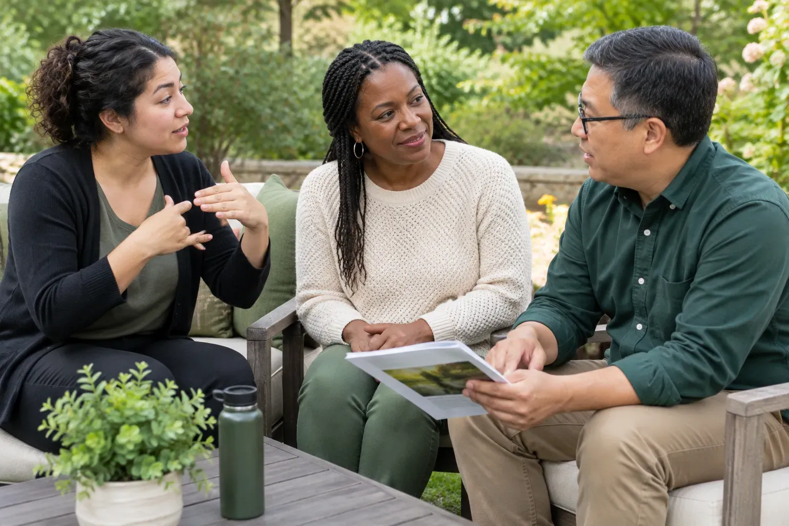 Interpreter assisting with communication during a small group outdoor educational appointment.