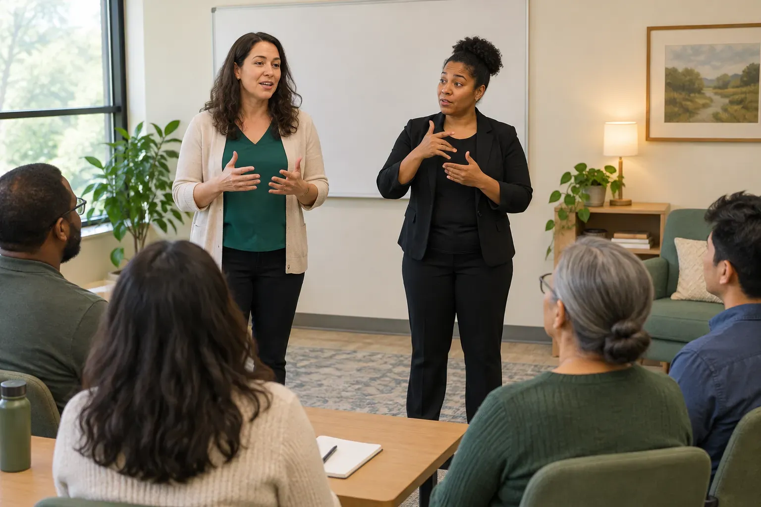 Instructional environment with an interpreter standing alongside a speaker for maximum clarity.