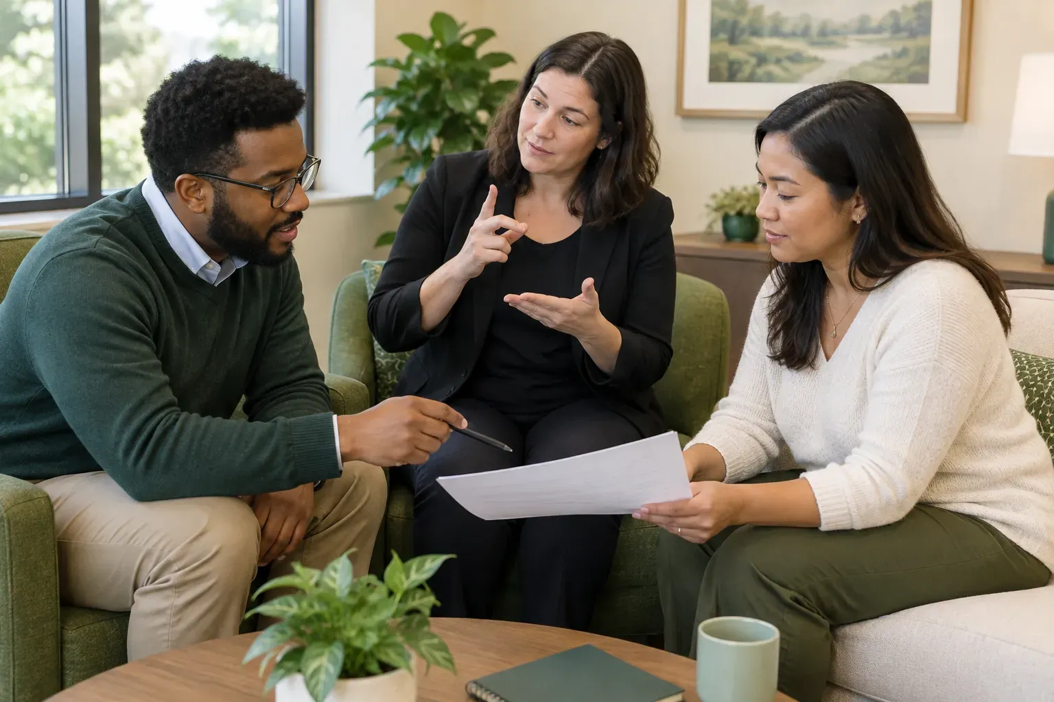A small group of business colleagues discussing a project at a community facility