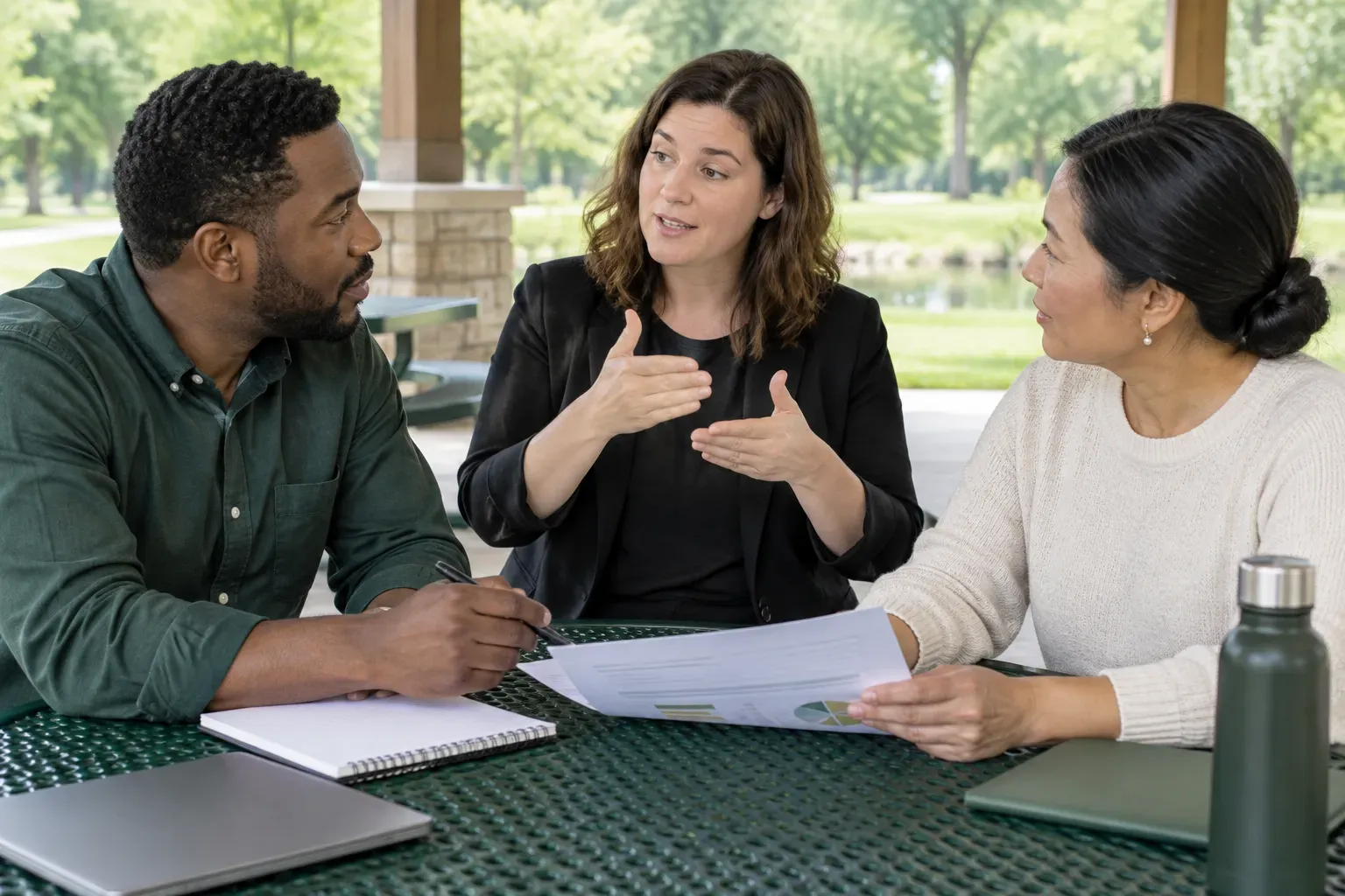 A small business group conducting a project review at a park pavilion.