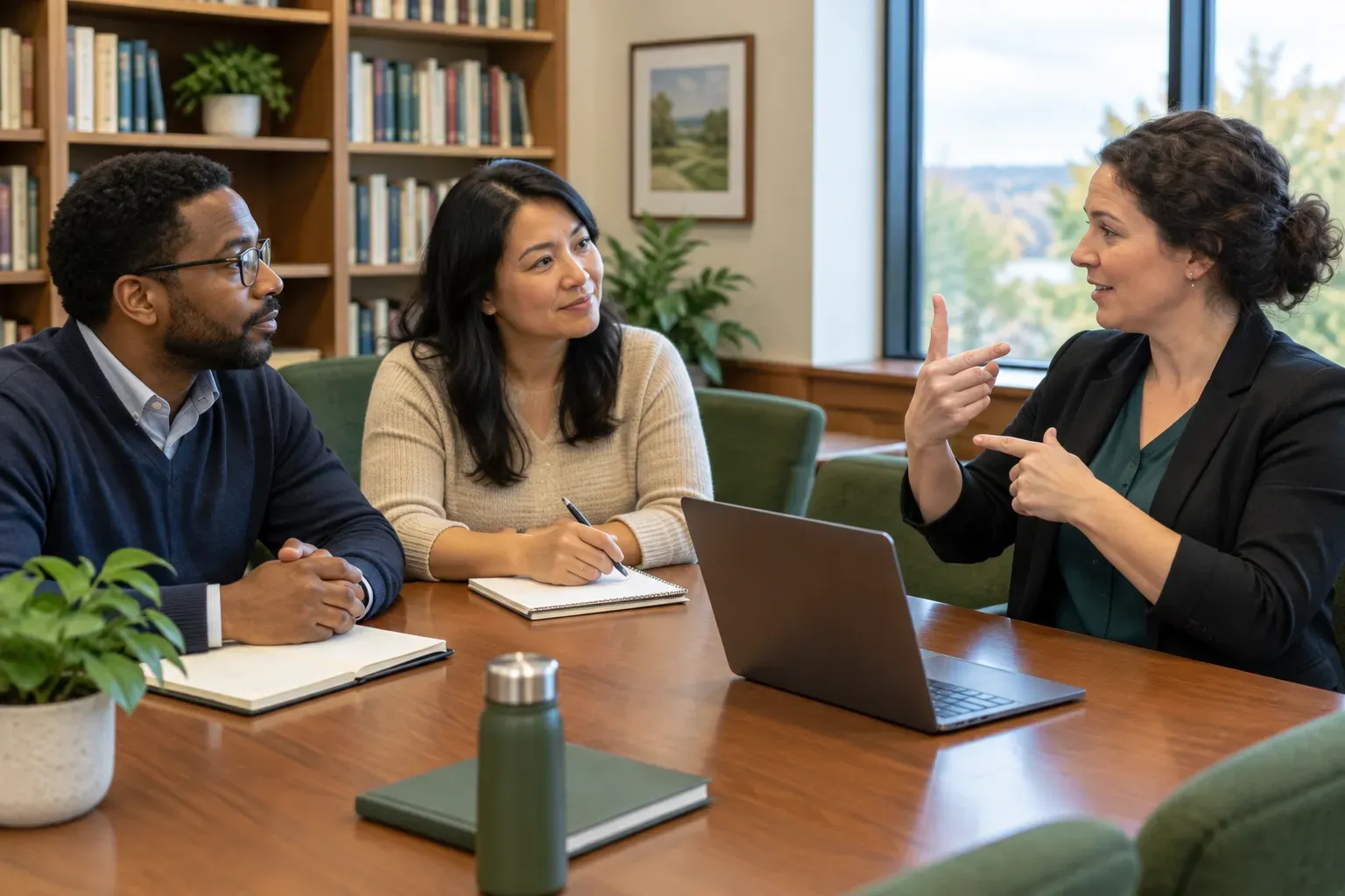 Professional team members meeting in a library conference room with an interpreter.