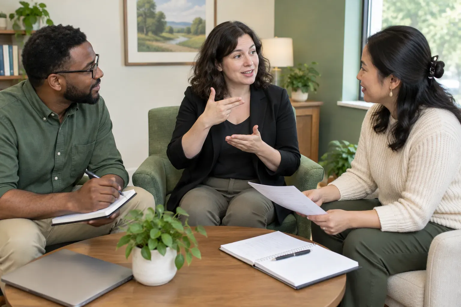 A small business group reviewing notes and planning a strategy session in a neutral community space.