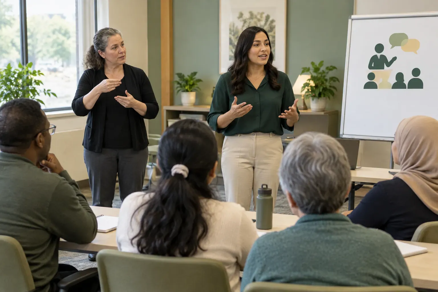 Instructional setting featuring an interpreter providing support during a presentation to a diverse audience.