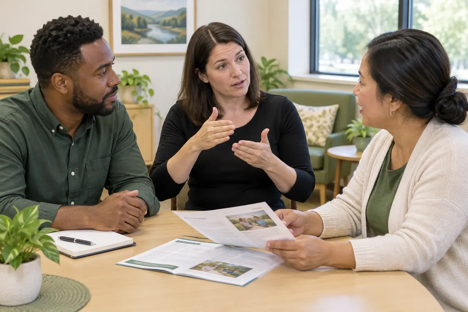 Individuals discussing staff orientation materials at a table in a bright community space.