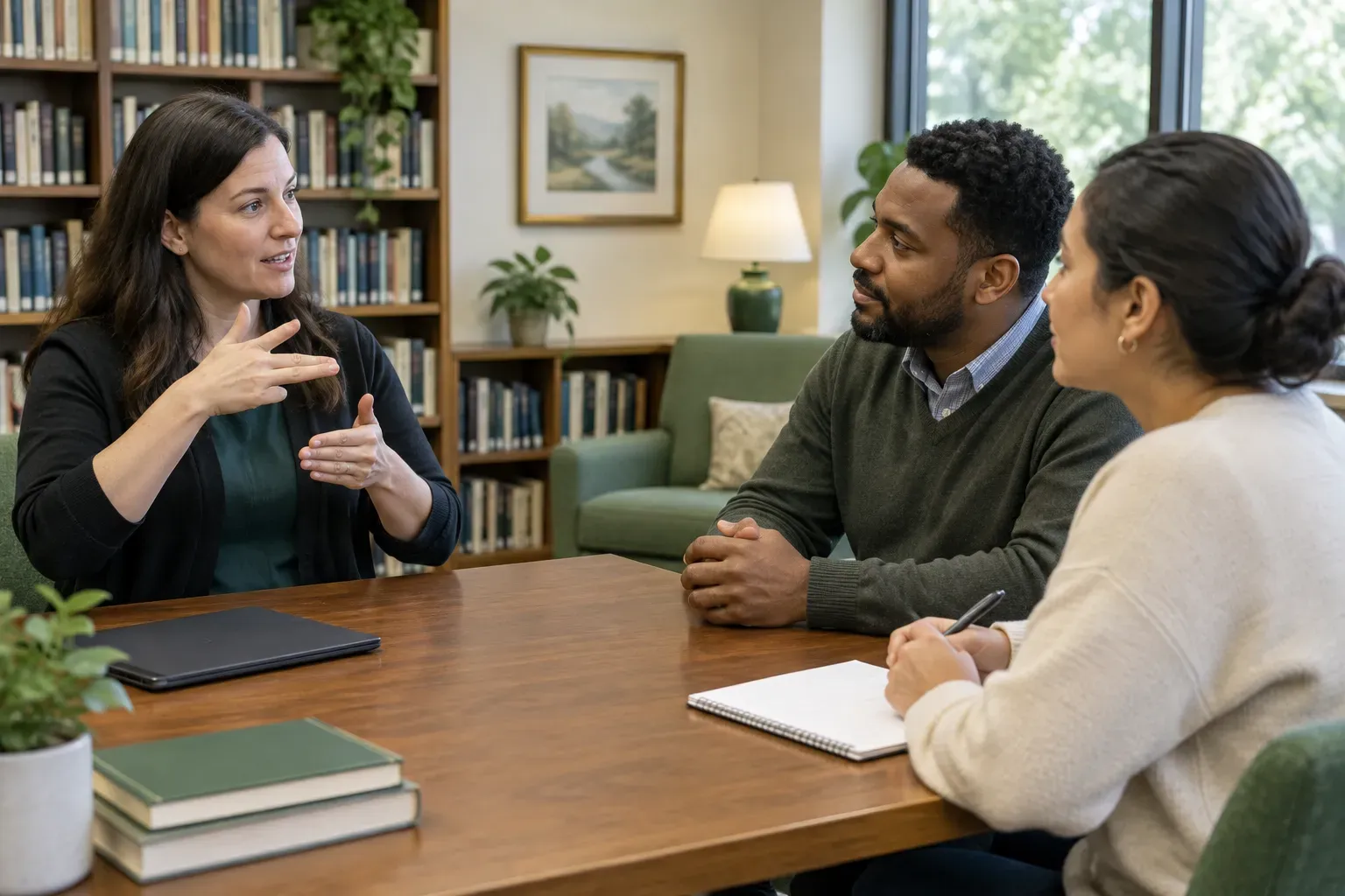 A professional interpreter facilitating a dialogue in a quiet library room setting.