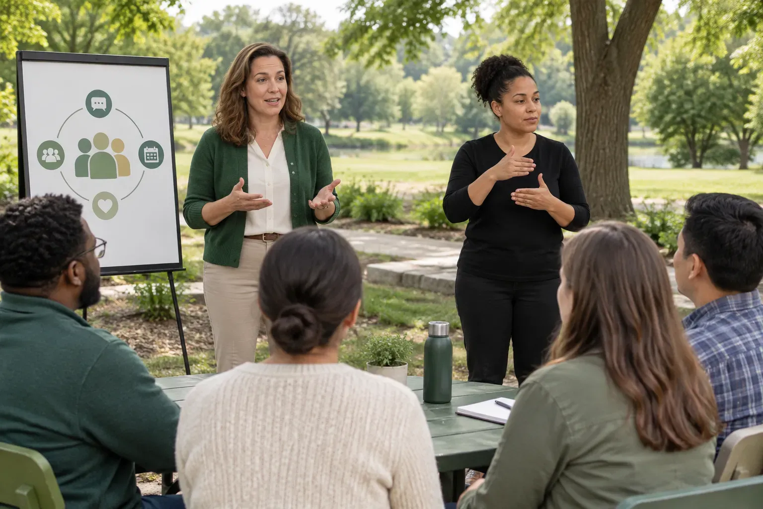 A small group participating in an educational instruction scene within an outdoor park environment.