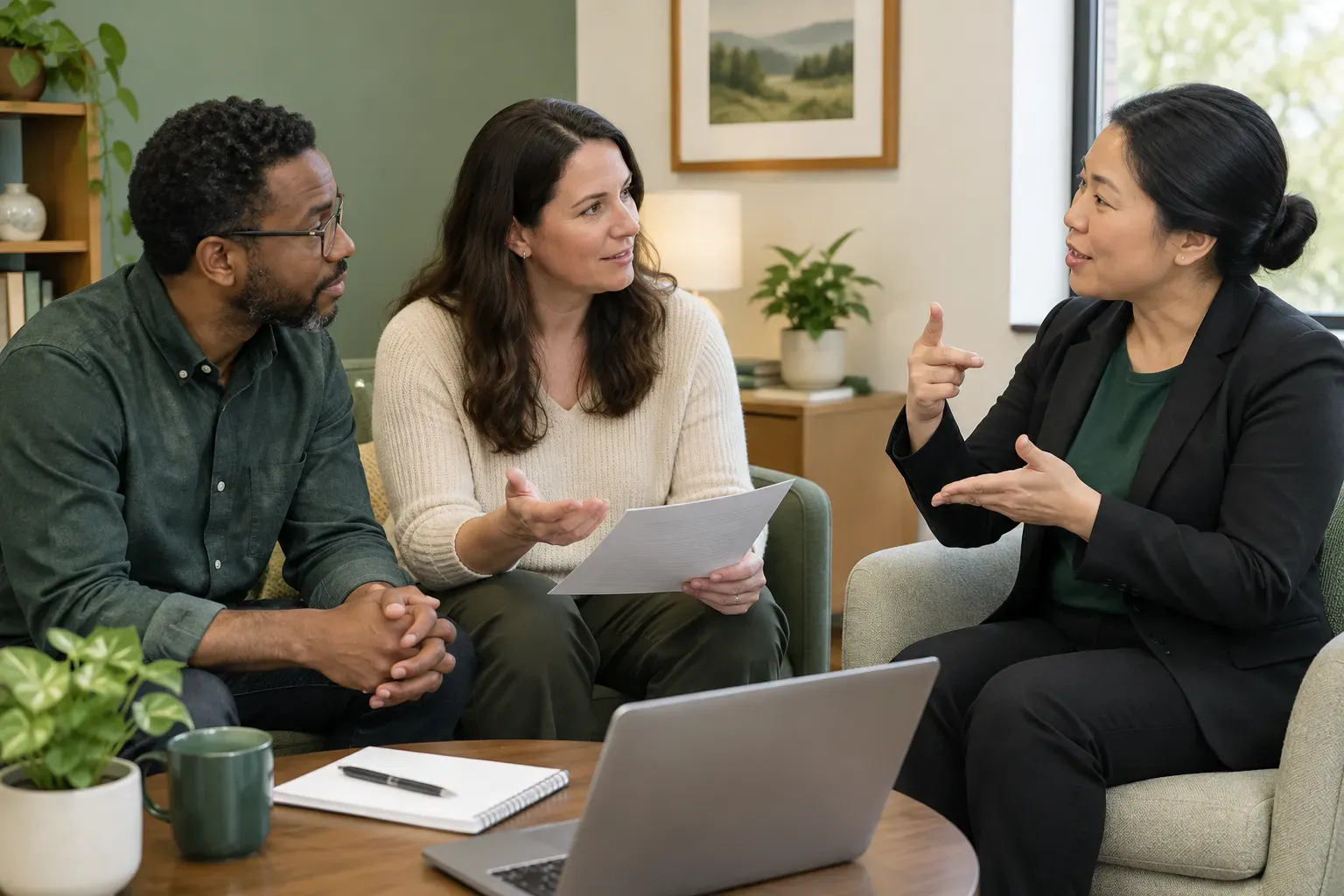 A small business team discussing a project during an appointment.