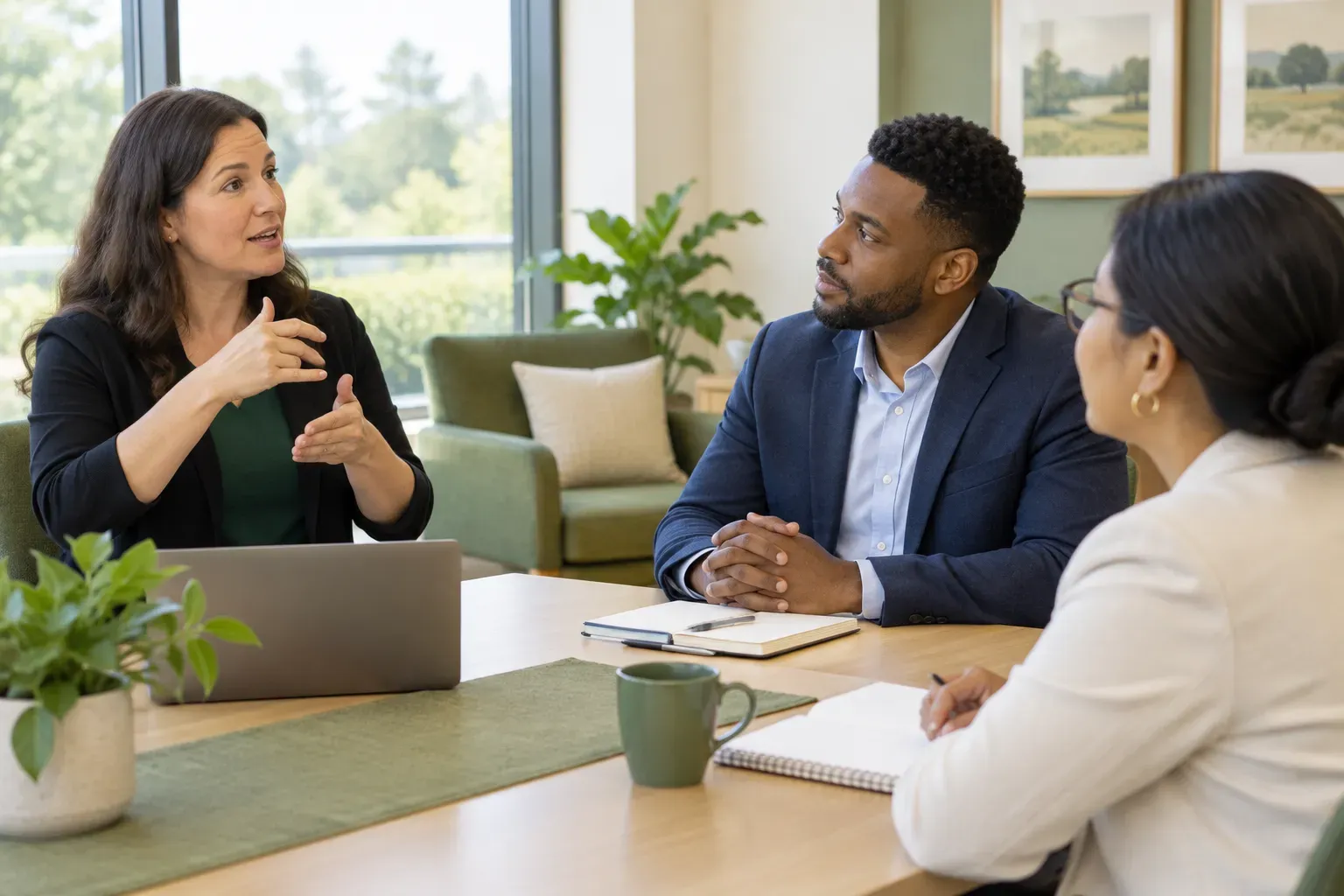 Professional business partners engaged in a meeting room setting.