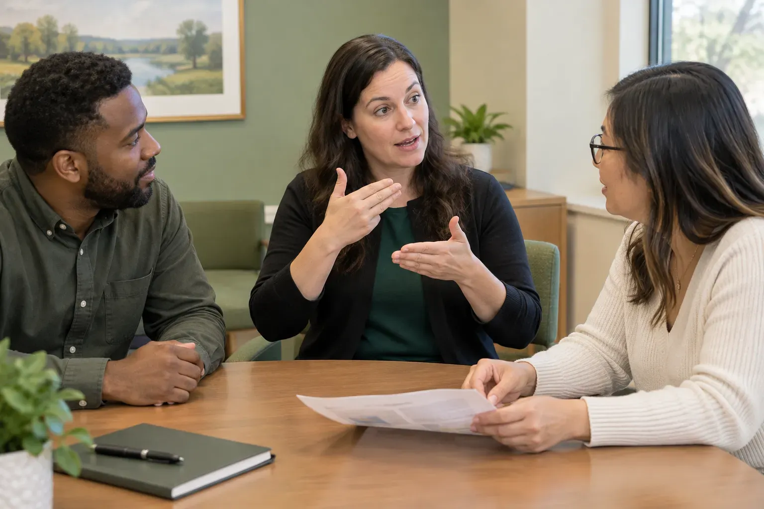 A person receiving ASL interpretation services during a scheduled informational meeting at a desk.