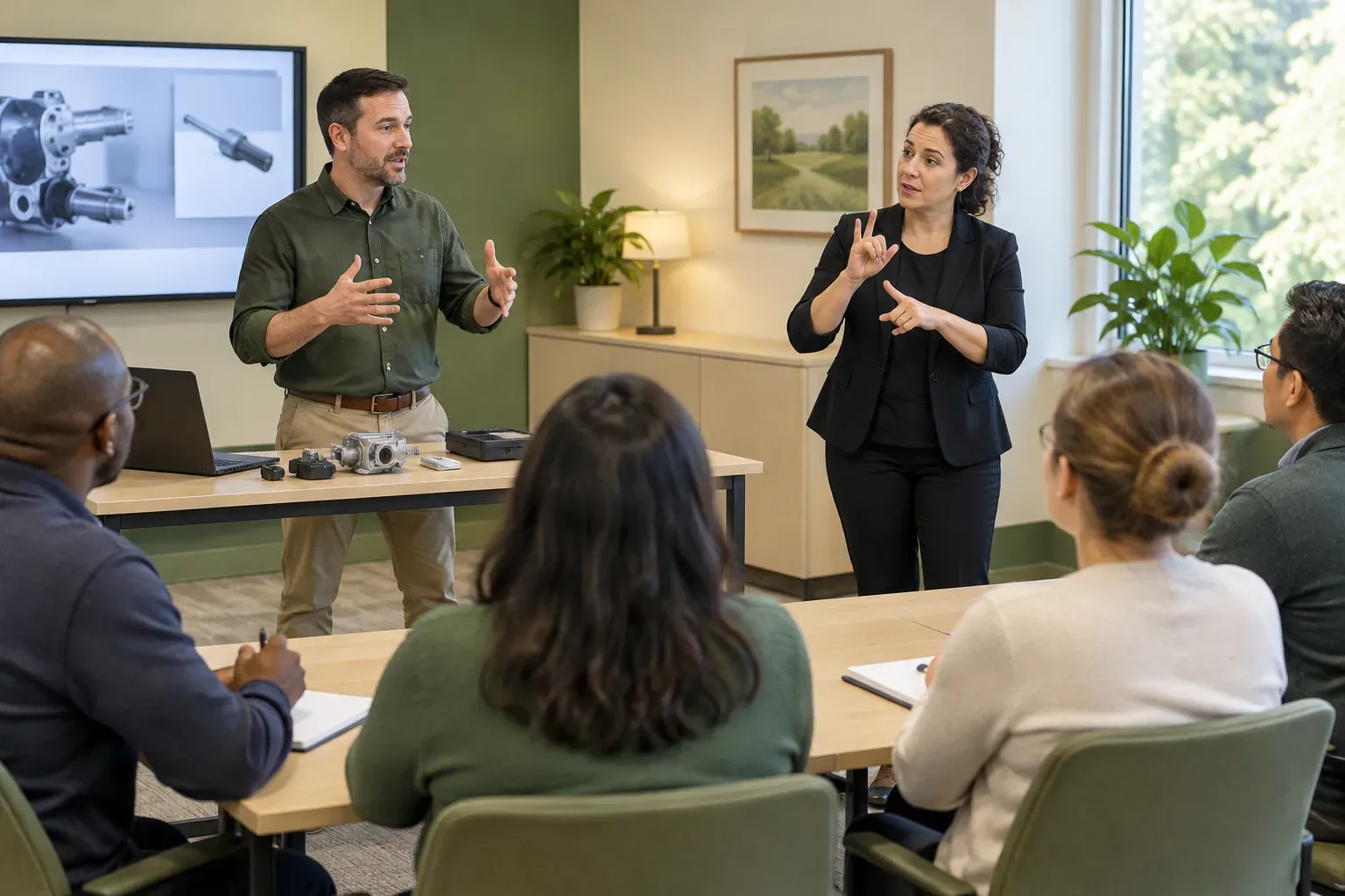 A collaborative instruction session where an interpreter facilitates communication between a trainer and participants.
