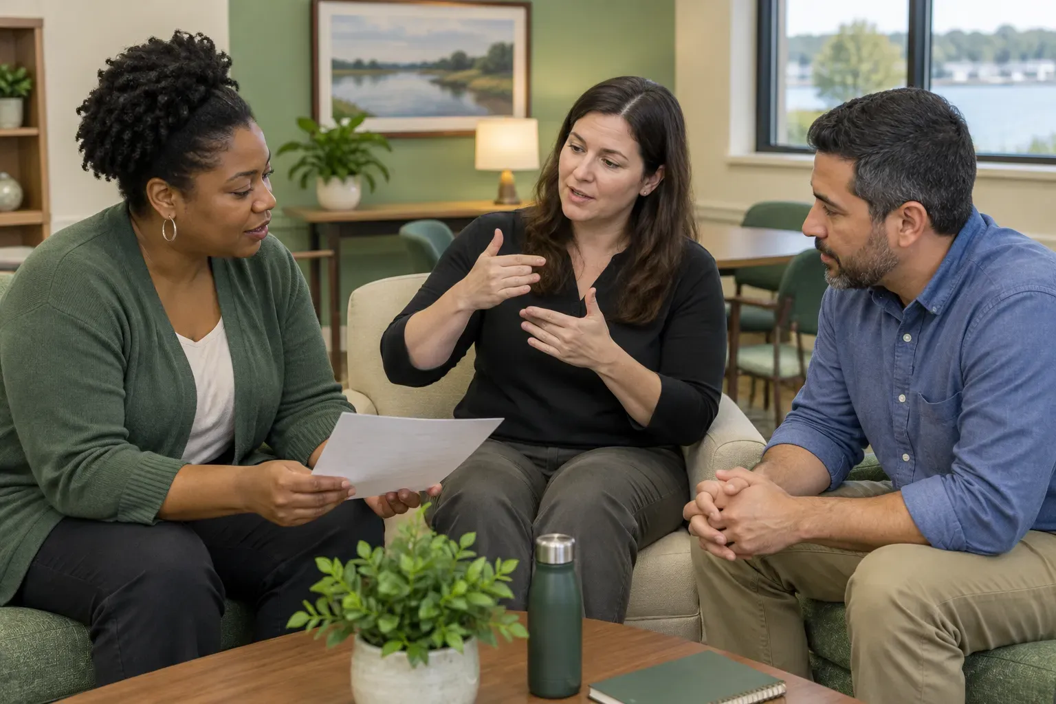 Small team discussing project details in an indoor community center room.