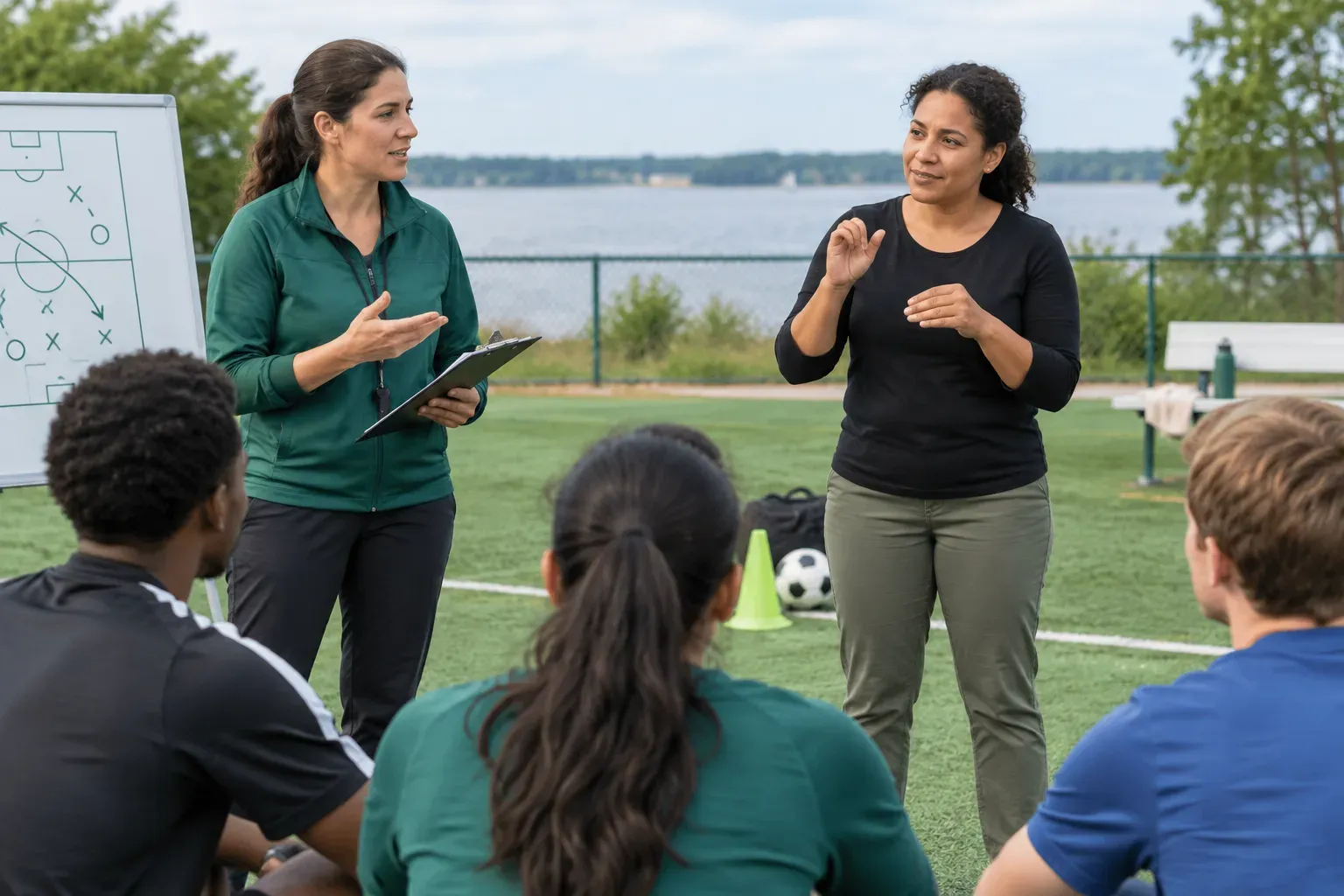Interpreter facilitating a sports coaching session on an artificial turf field.