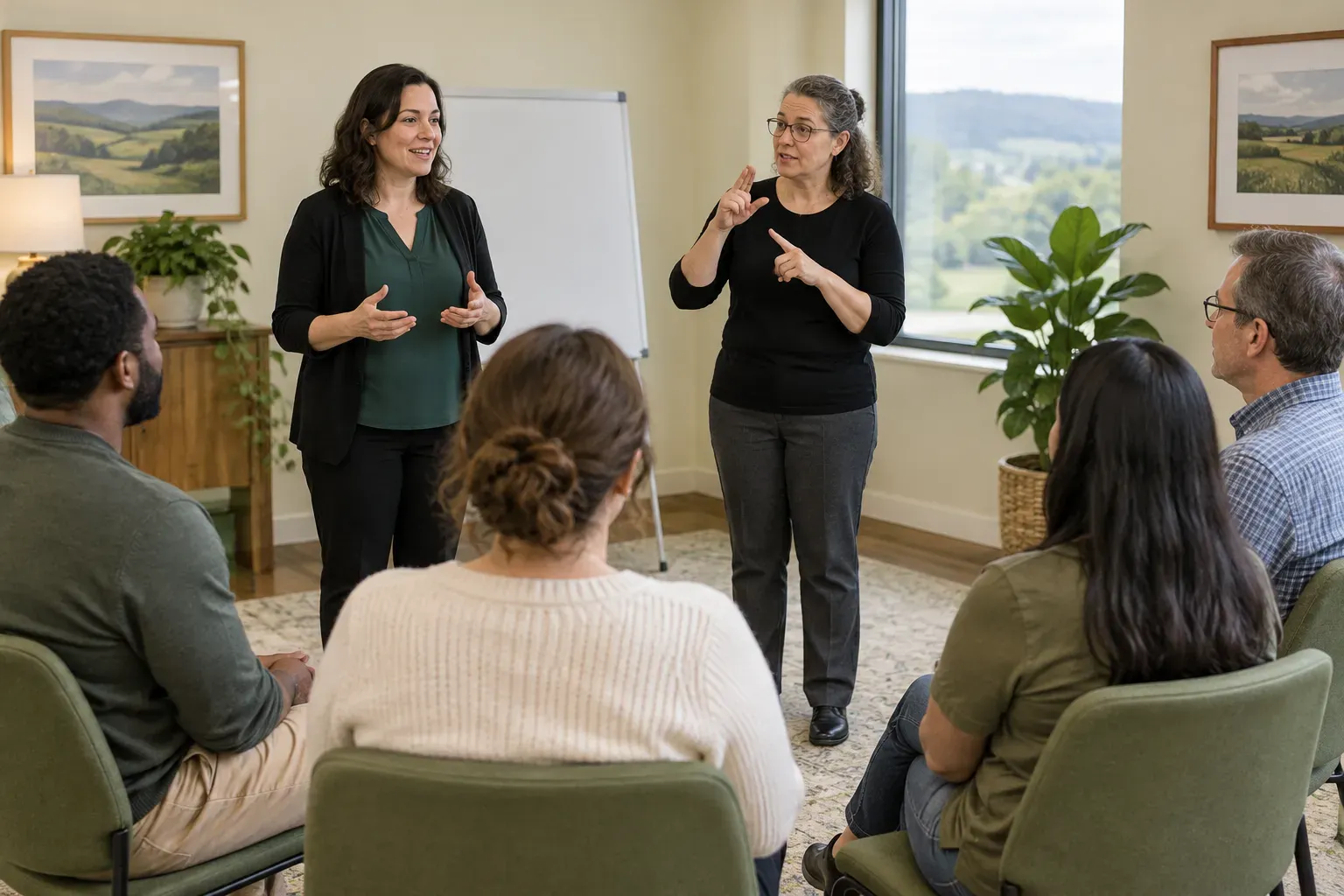 Participants seated in a semi circle during a professional training session led by an interpreter.