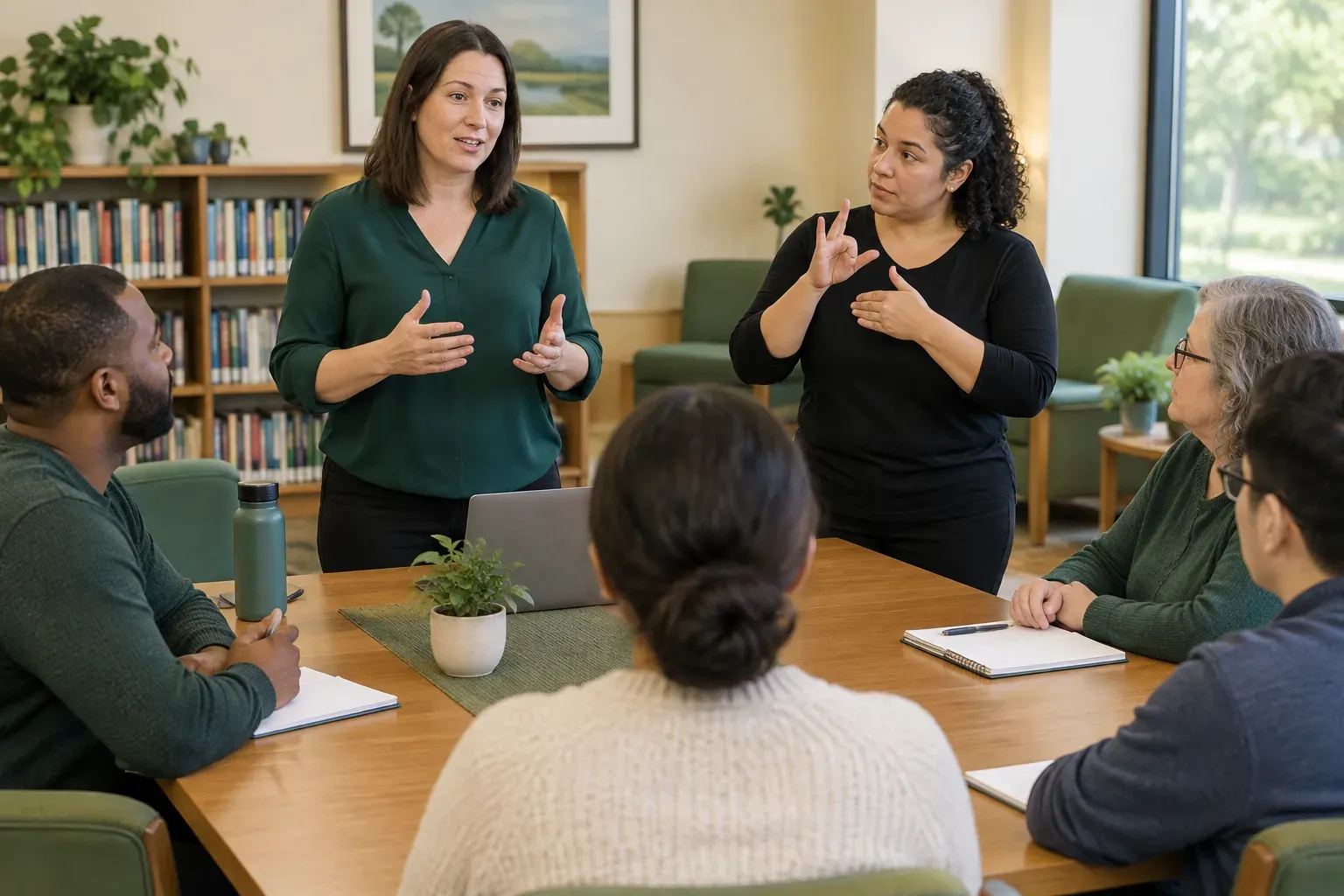A small group meeting at a library table with an ASL interpreter present