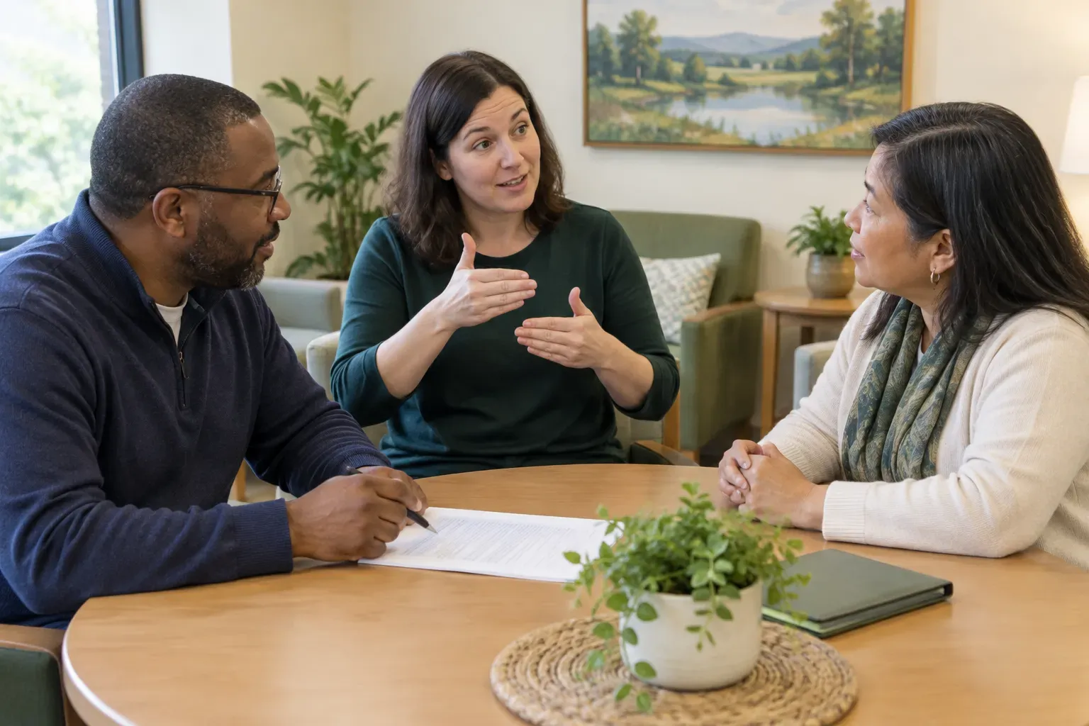 Two people engaging in a clear appointment at a community center table