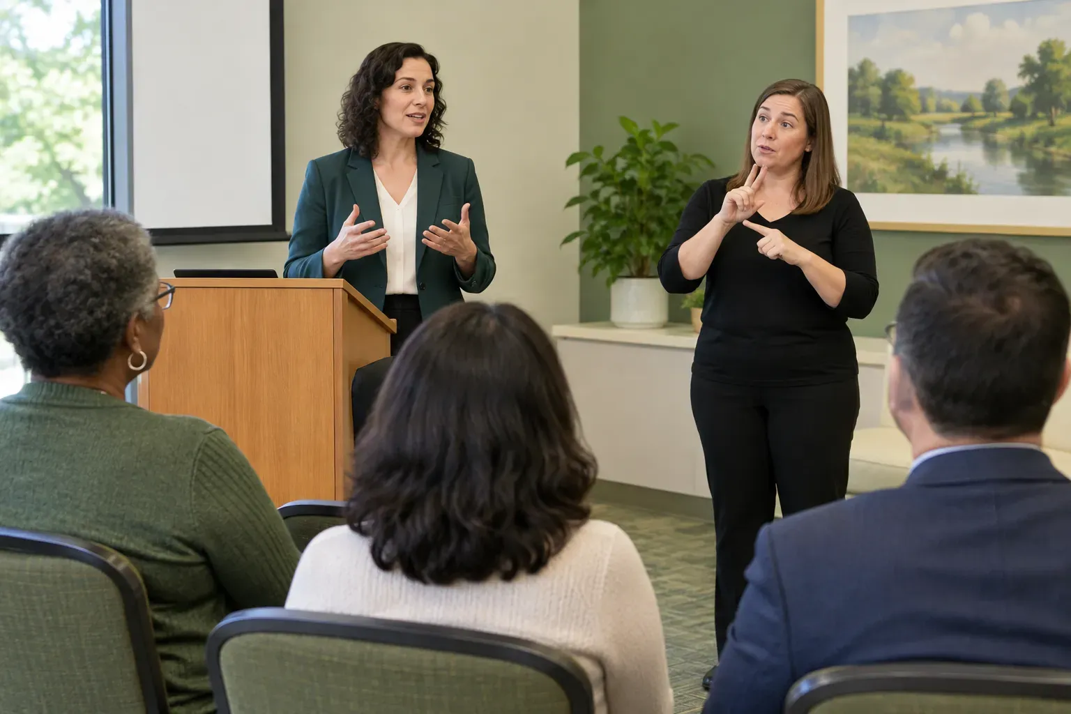 An individual receiving sign communication during a formal civic presentation