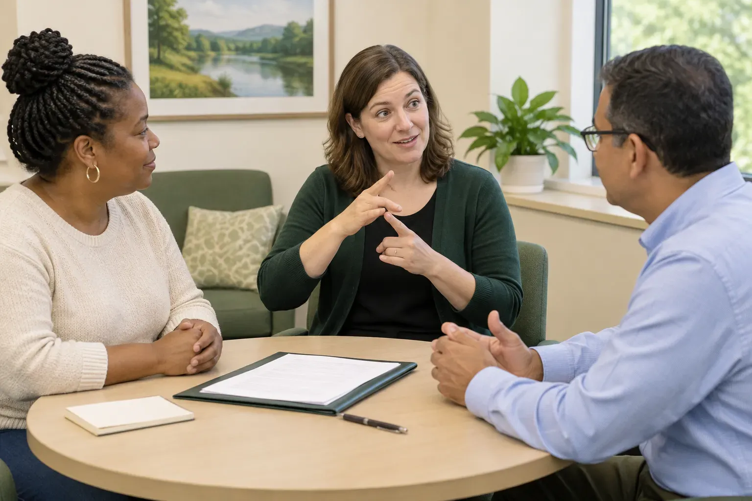 Two people engaging in an interpreted appointment at a clean public service desk