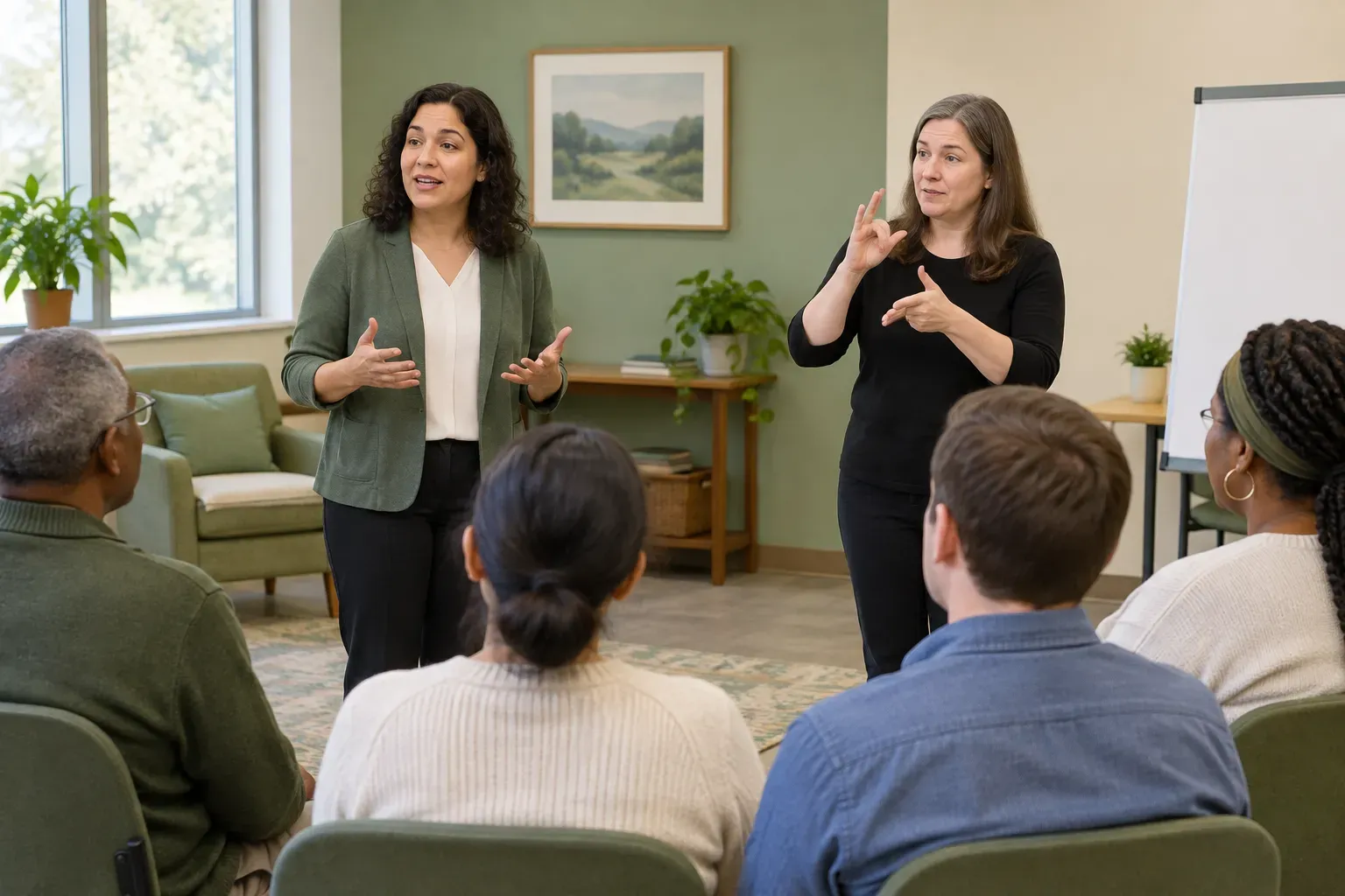 Small group gathering in a community center space with clear visibility for communication