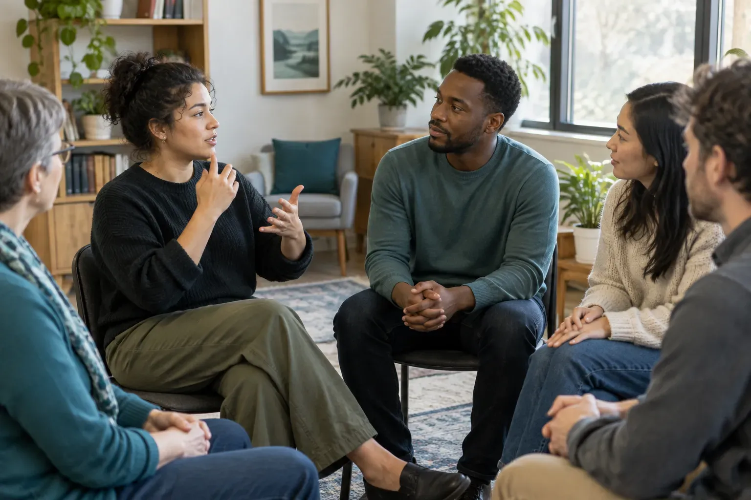 A circle of people in conversation while one person signs