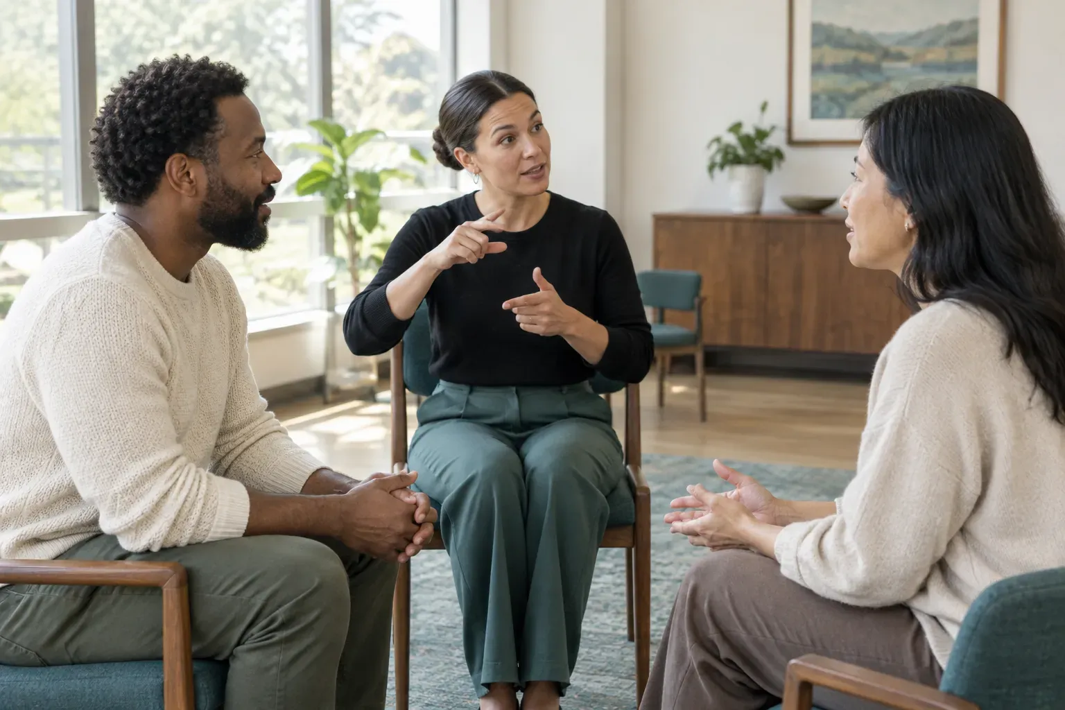 An interpreter signing between two seated participants in a discussion