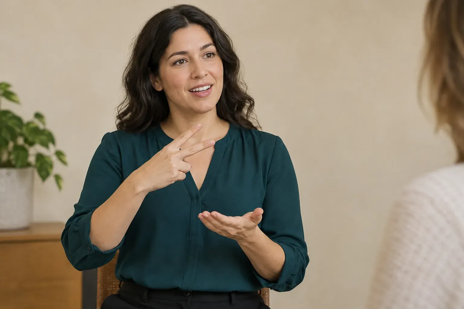 An interpreter signing while listening to a participant