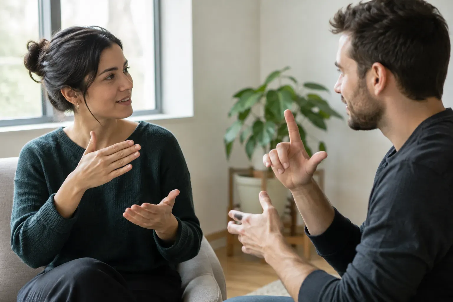 Two people signing to each other in a bright room