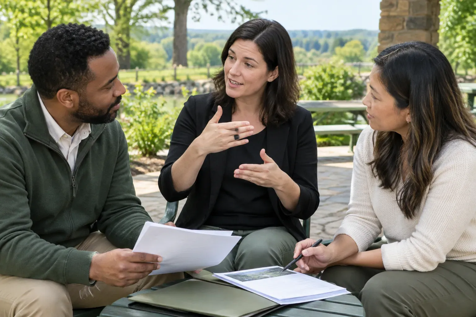 A small business team reviewing documents at an outdoor park facility
