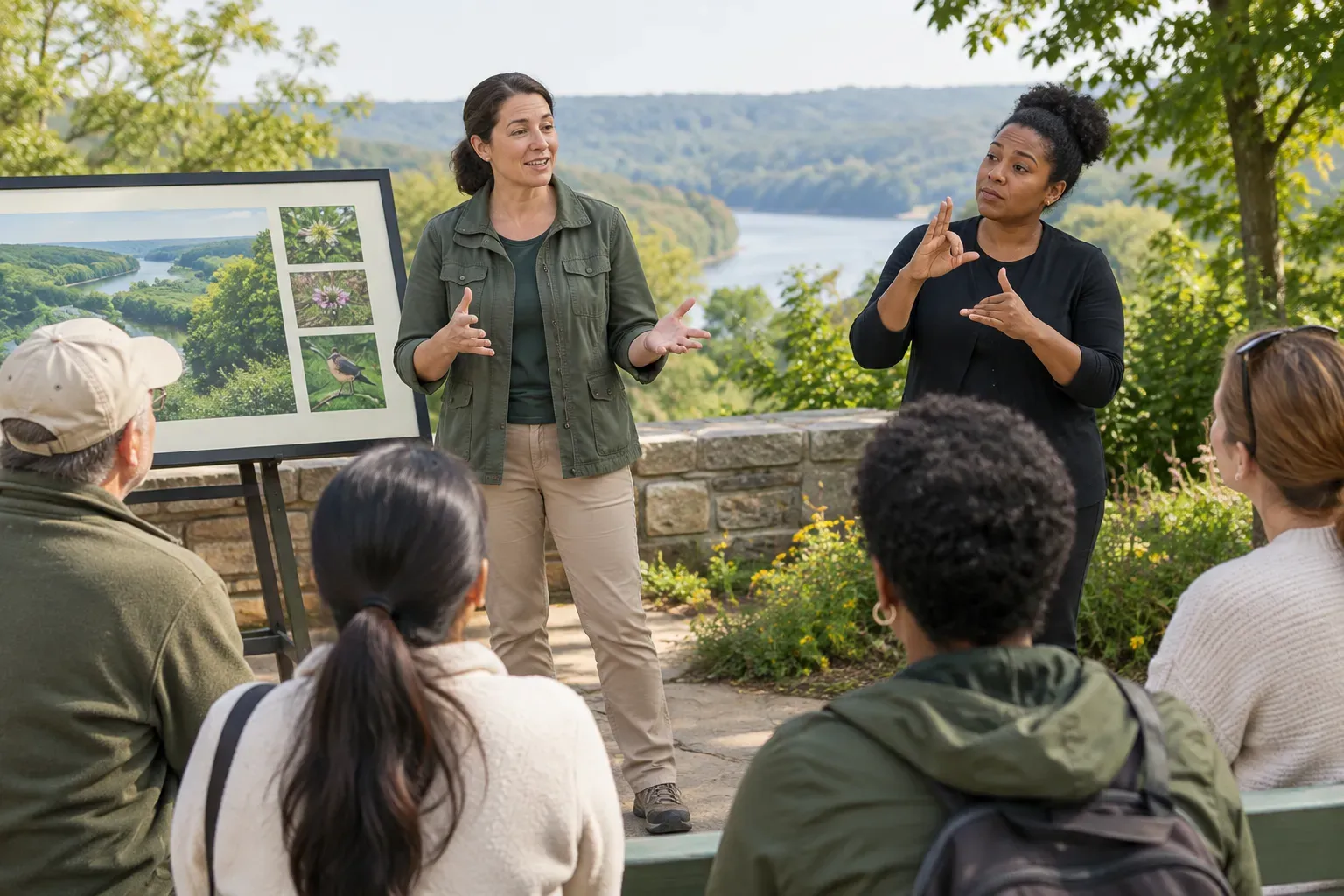 An instructor coordinating an informational outdoor session for visitors