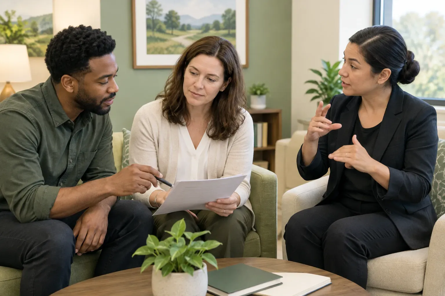 Individuals discussing event plans during a scheduled office induction session.