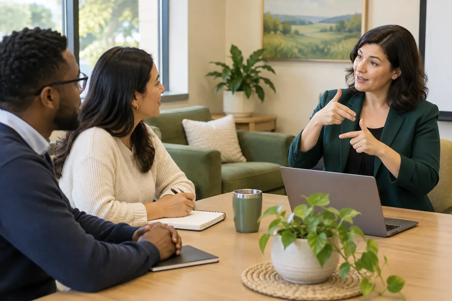 Professional interpreter facilitating a business presentation for a small group.