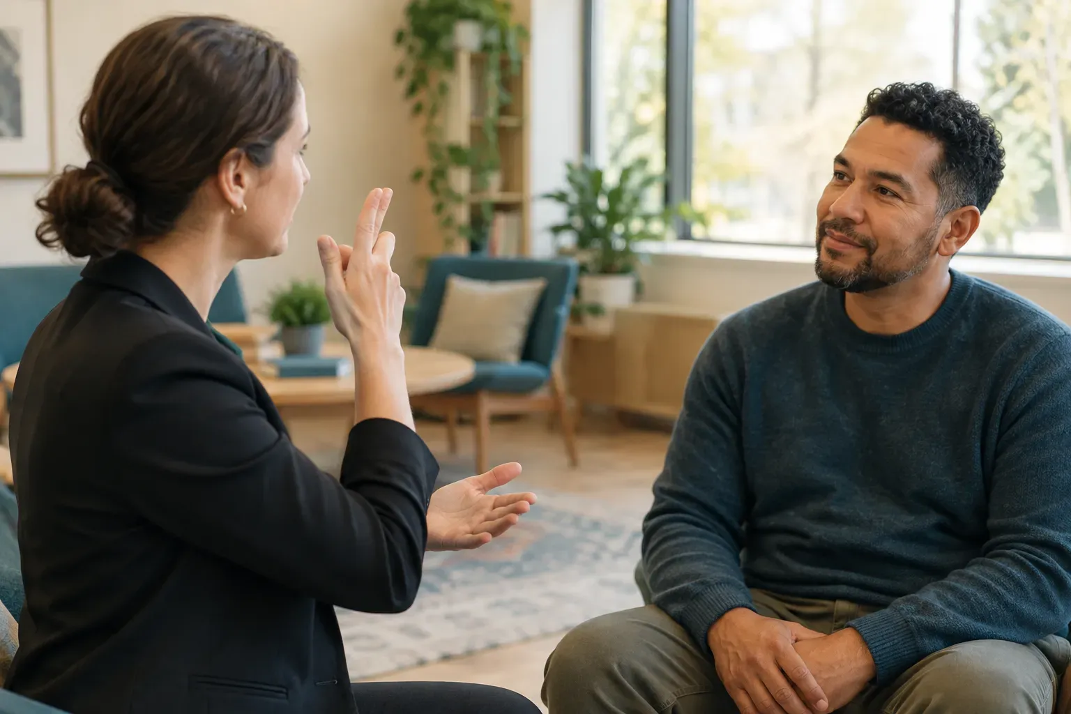 An interpreter signing during a conversation with a seated participant