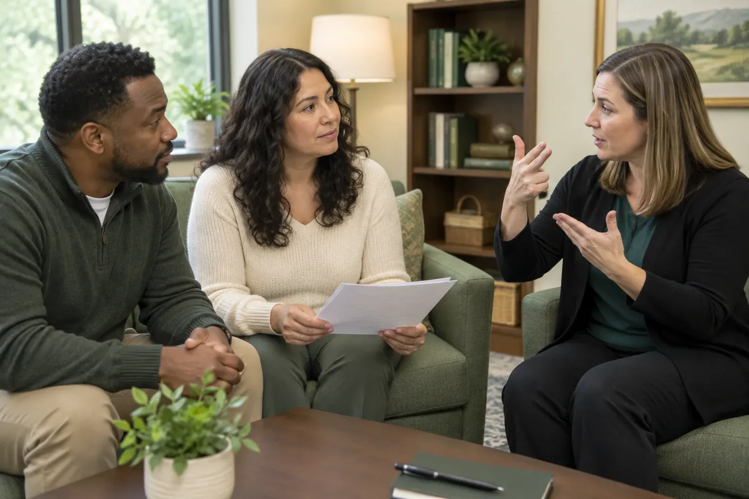 A person receiving ASL interpretation services during a one on one consultation in an office or library.