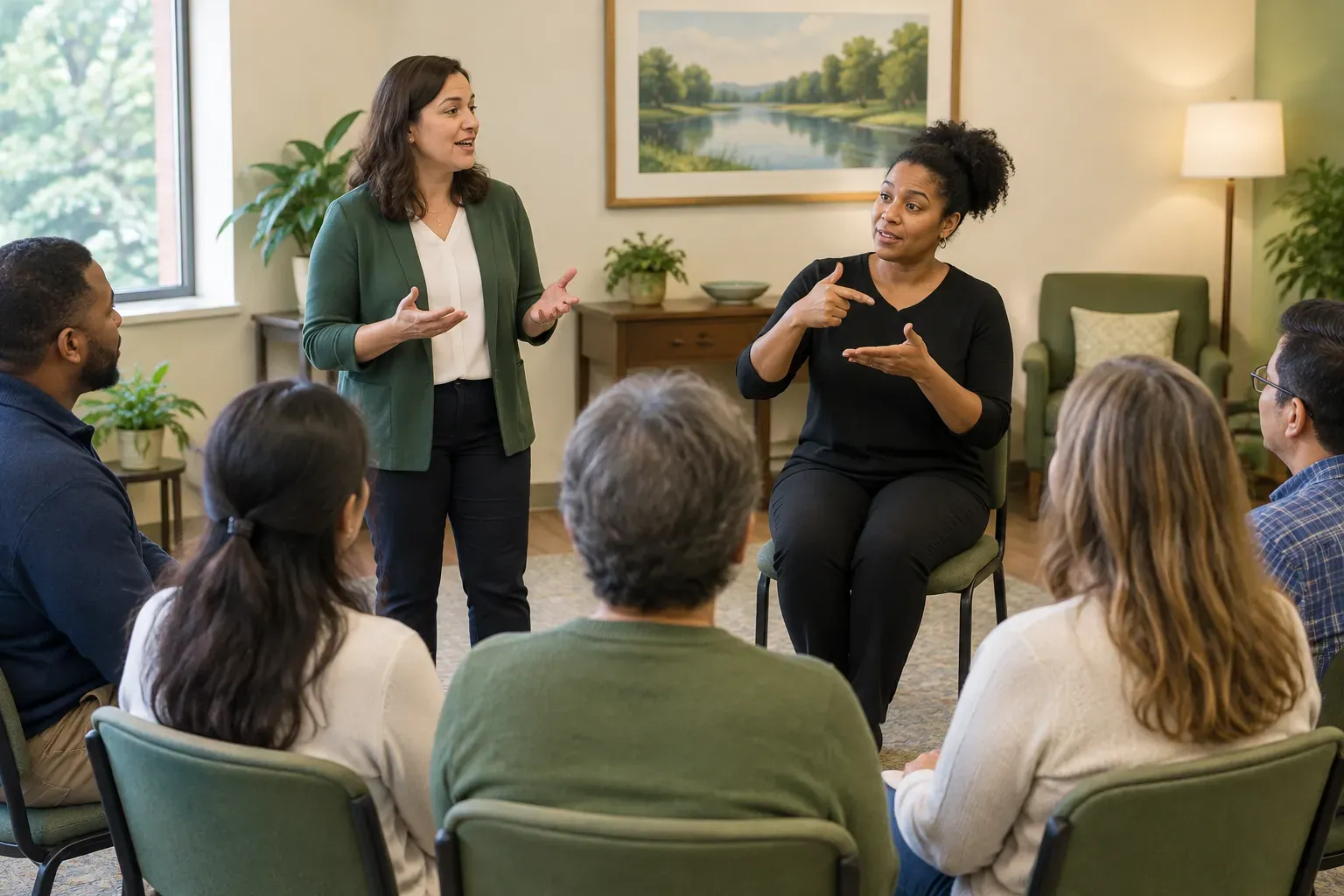 A group of people sitting in a semi circle observing an ASL interpreter at an indoor facility.