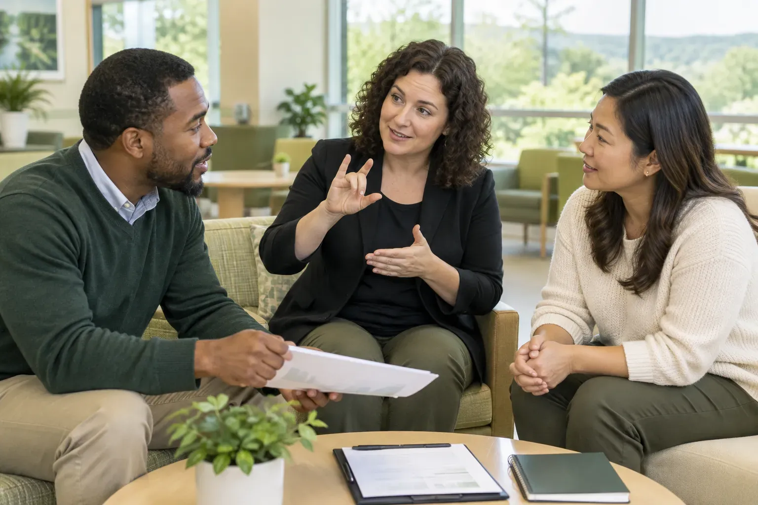 Individuals discussing business plans inside a bright recreation facility.