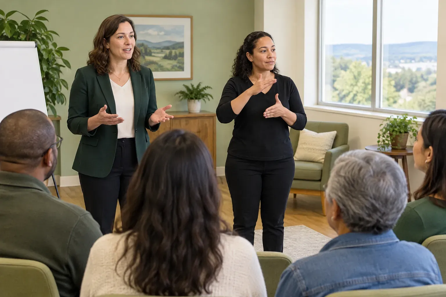 An interpreter and a presenter standing in a well lit community room for a session.