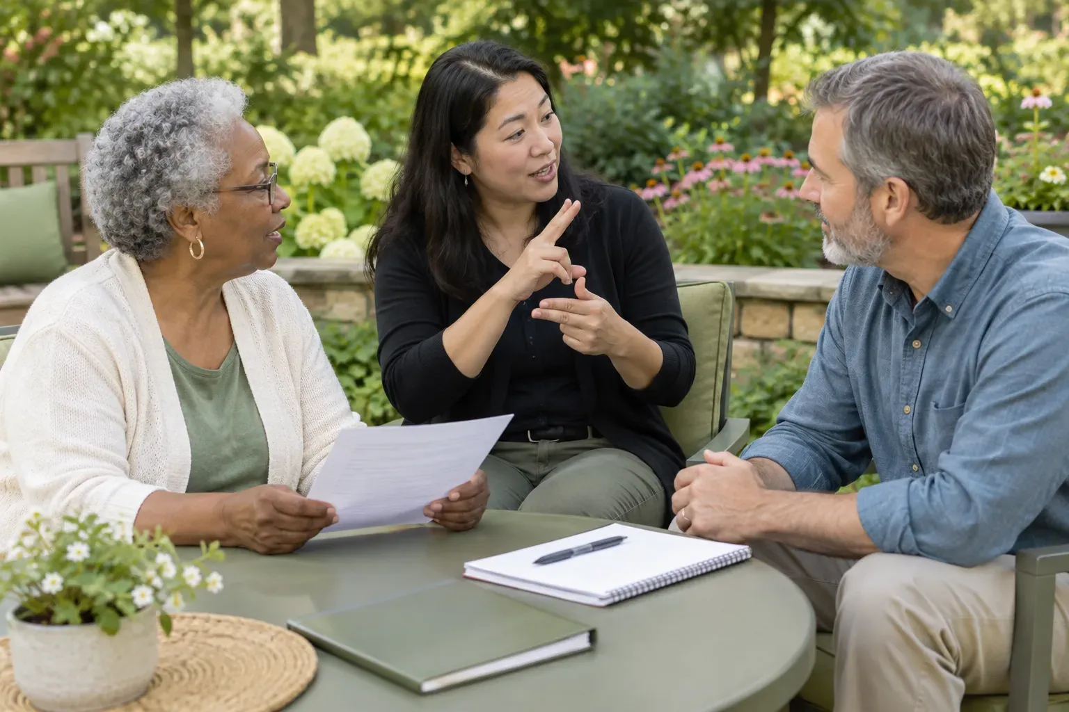 An instructional workshop environment in an outdoor garden setting