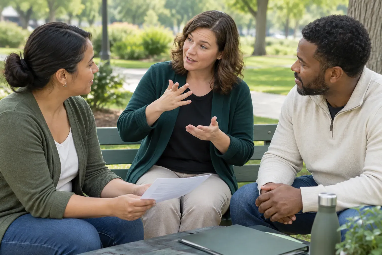 An interpreter facilitates a conversation between community members at a local public park