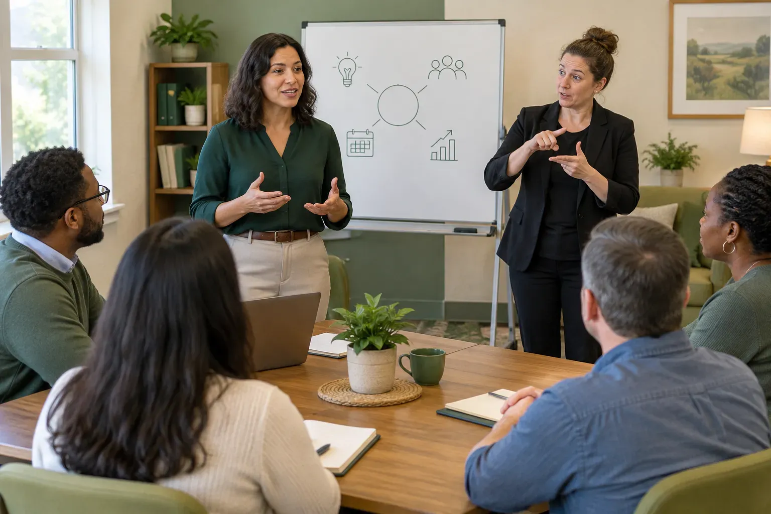 A small business group discussing project details with an ASL interpreter present