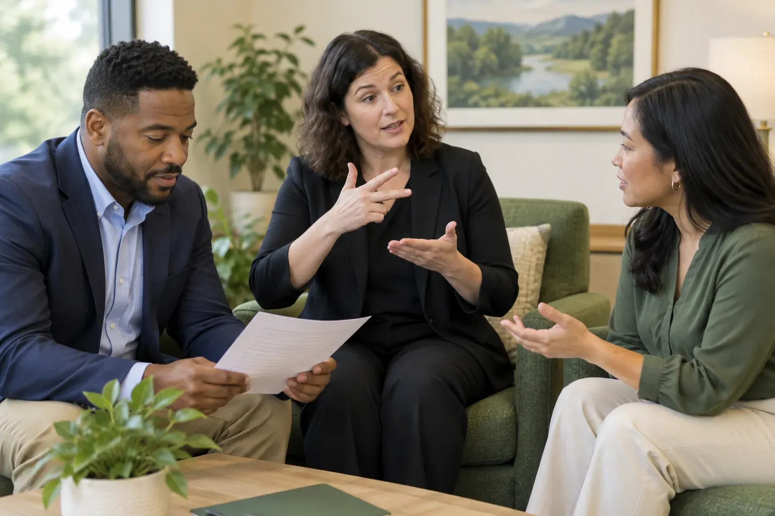 Individuals participating in a business presentation with an interpreter present.