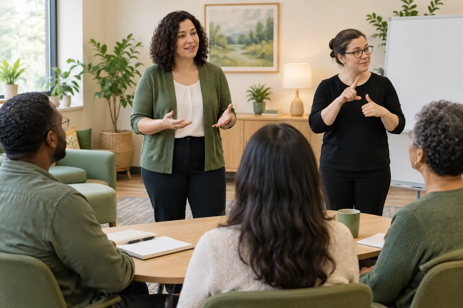 An instructor leading a small group discussion with signed communication support.