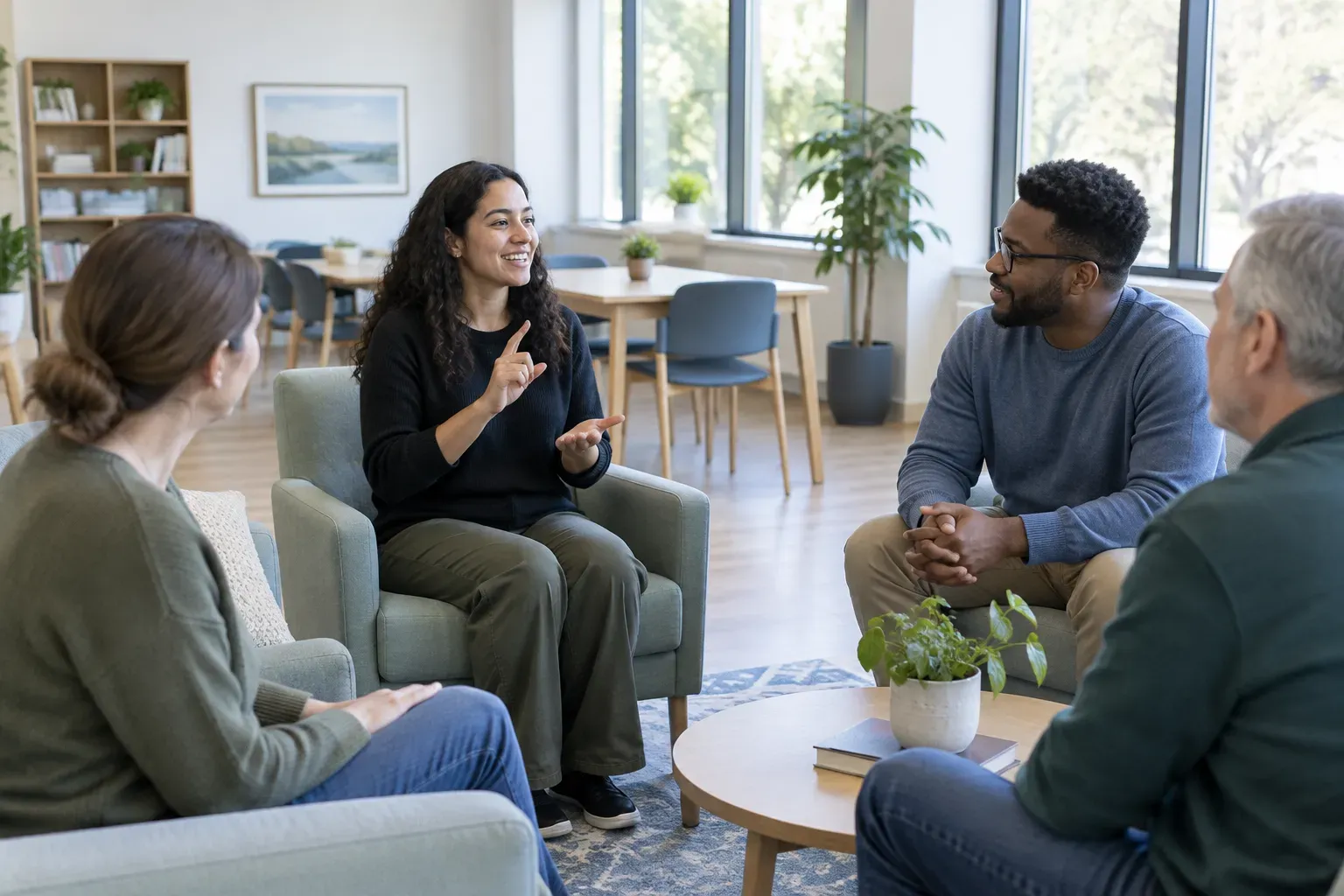 A small group seated in a bright room while one person signs