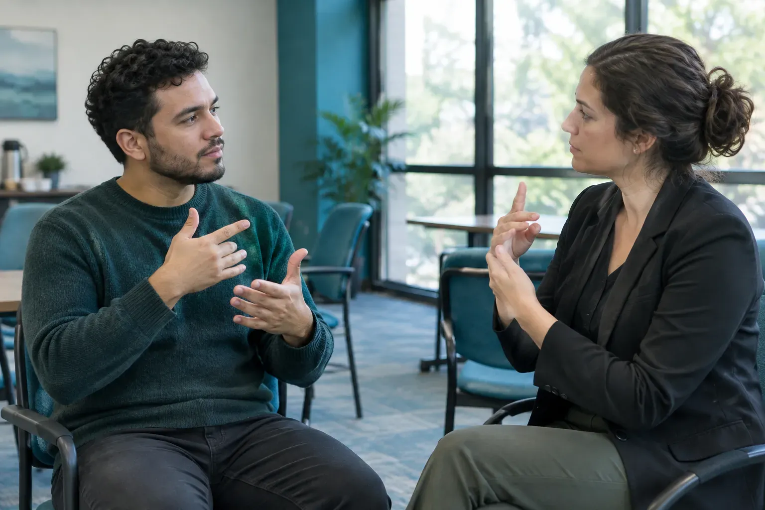 Two people facing one another as they sign in a meeting room