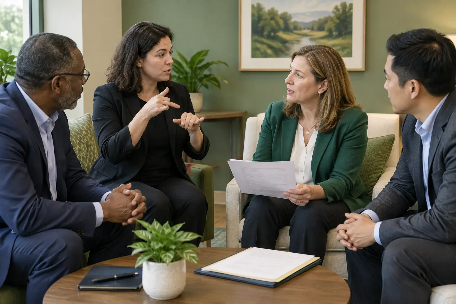 A small business group conducting a board meeting with an ASL interpreter.