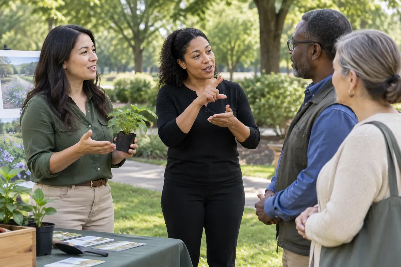 A presenter and interpreter standing in an outdoor park setting during a demonstration.