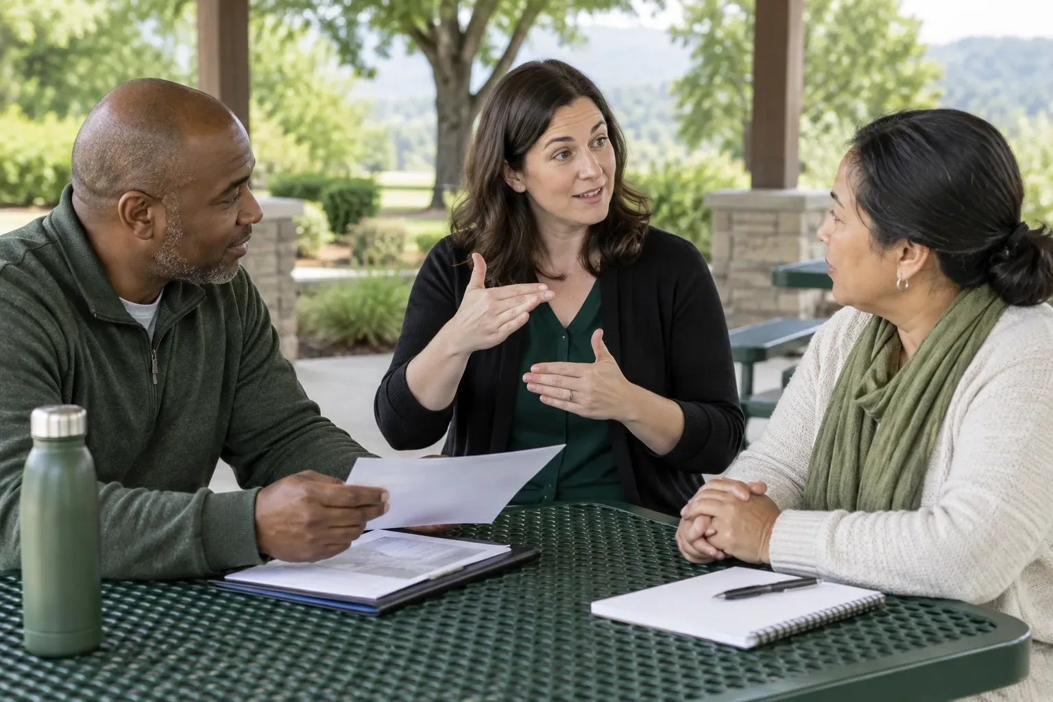 Individuals participating in an outdoor discussion at a public pavilion.