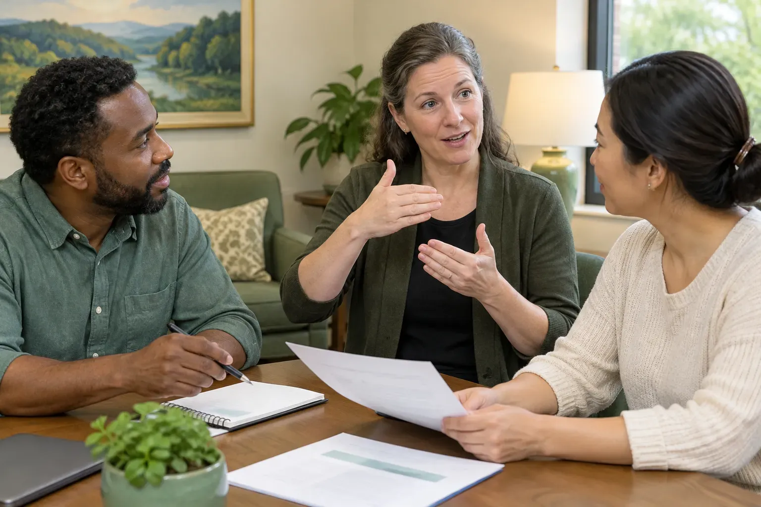 A small business team reviewing documents and communicating via ASL in a meeting room