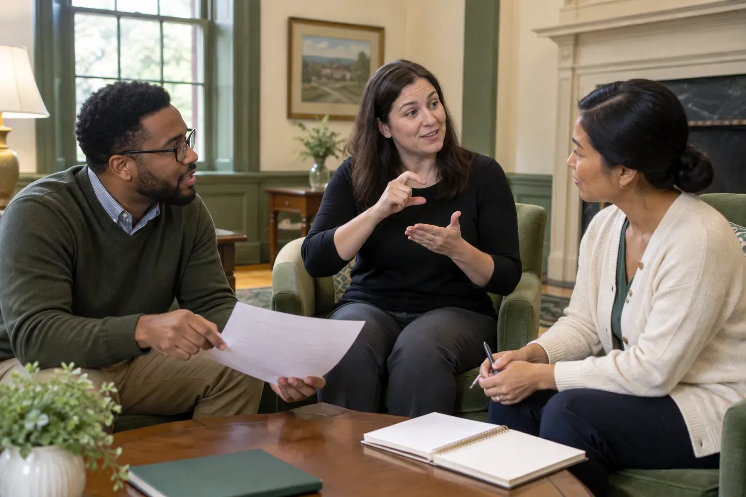 Individuals discussing event plans inside a historic community building with clear seating visibility.