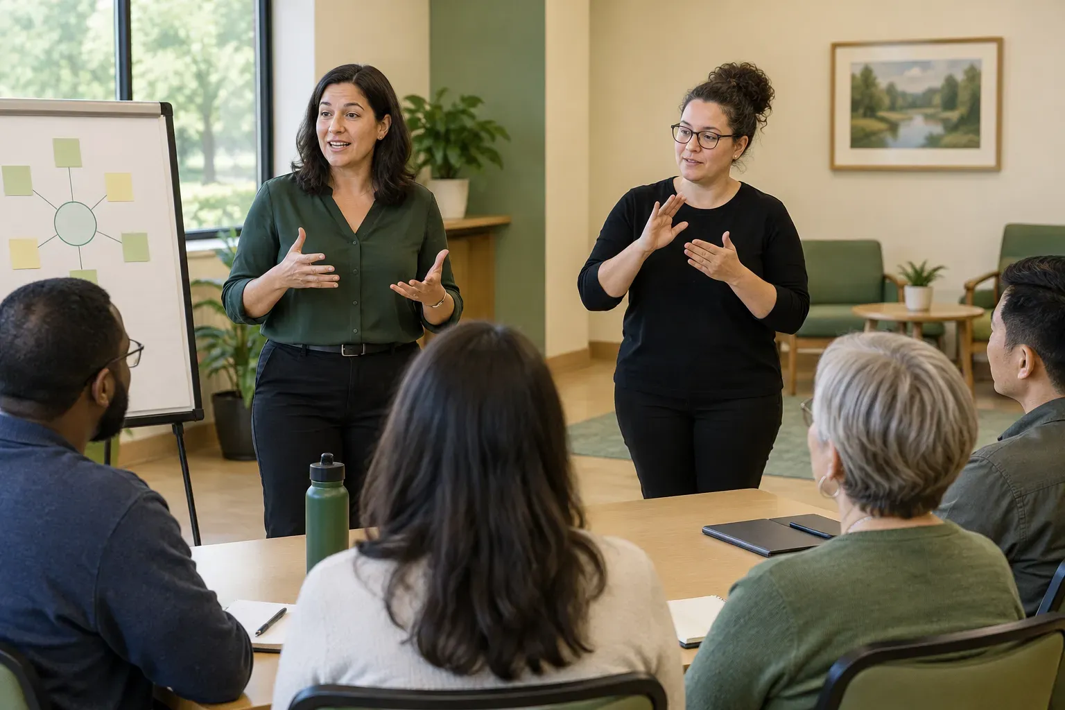 A structured instructional session at a recreation facility with an interpreter supporting group communication.