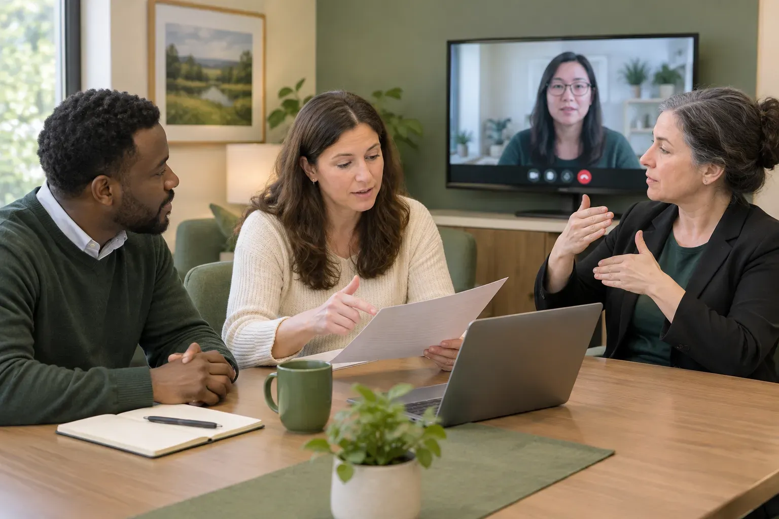 A hybrid meeting setup featuring both live attendees and a screen showing a remote participant.