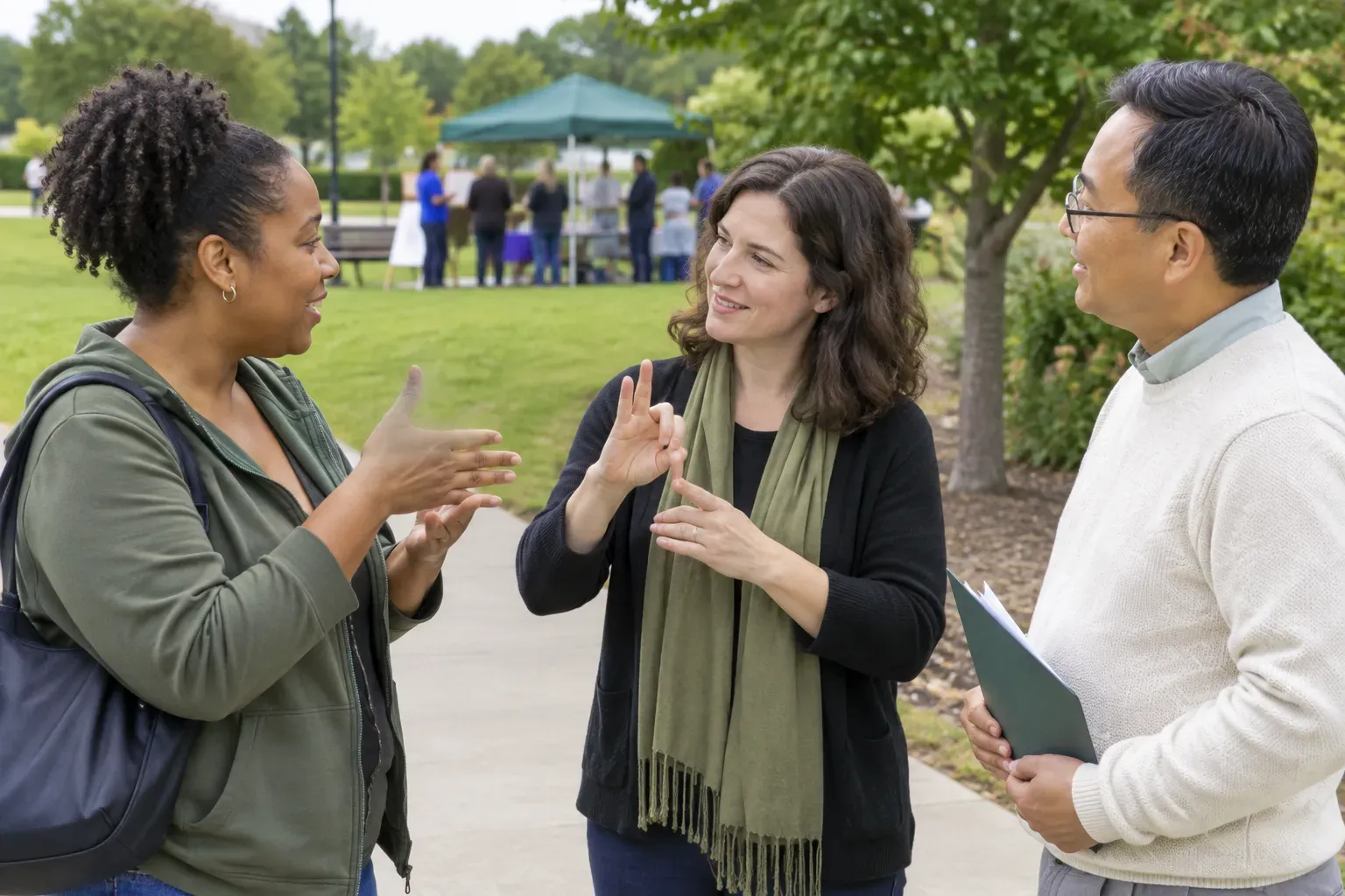Two people communicating using ASL on a paved path near a grassy park area during a daytime community gathering.